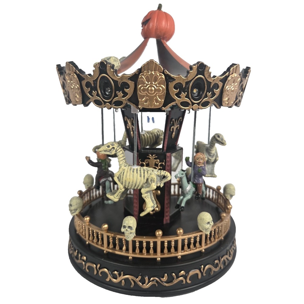 Spooky Hollow Skeleton Carousel LED Lighted Animated Halloween Village 10.5 Inch